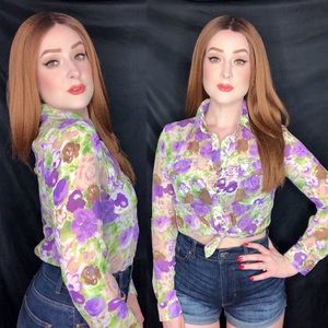 Cute Sheer Floral Button Up Blouse